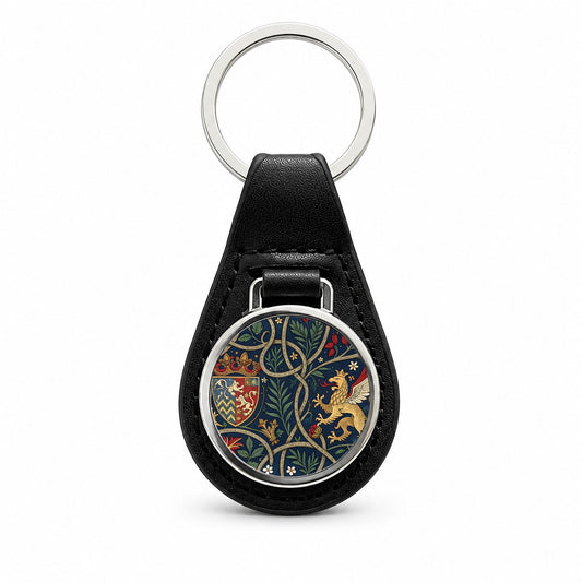 Medieval Ornamentation Griffin Shield Pattern Black Leather Metal Keychain