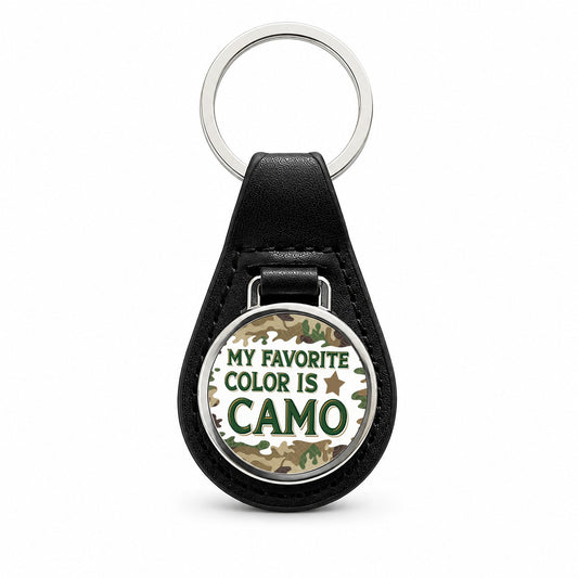 My Favorite Color Is Camo Camouflage Hunting Green Brown Black Leather Metal Keychain