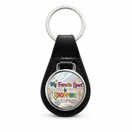 My Favorite Sport Is Shopping Funny Black Leather Metal Keychain