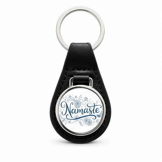 Namaste Blue Floral Black Leather Metal Keychain