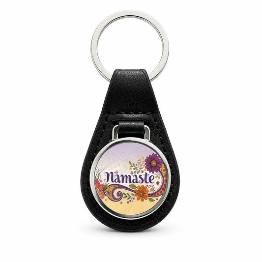Namaste Flower Fun Retro Black Leather Metal Keychain