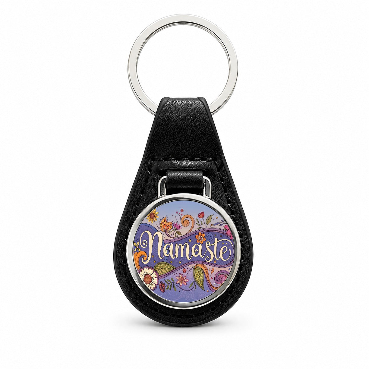 Namaste Hippie Flower Floral Yoga Black Leather Metal Keychain