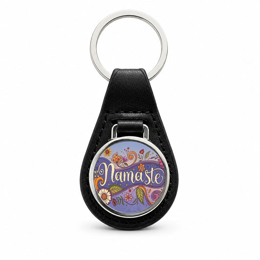 Namaste Hippie Flower Floral Yoga Black Leather Metal Keychain