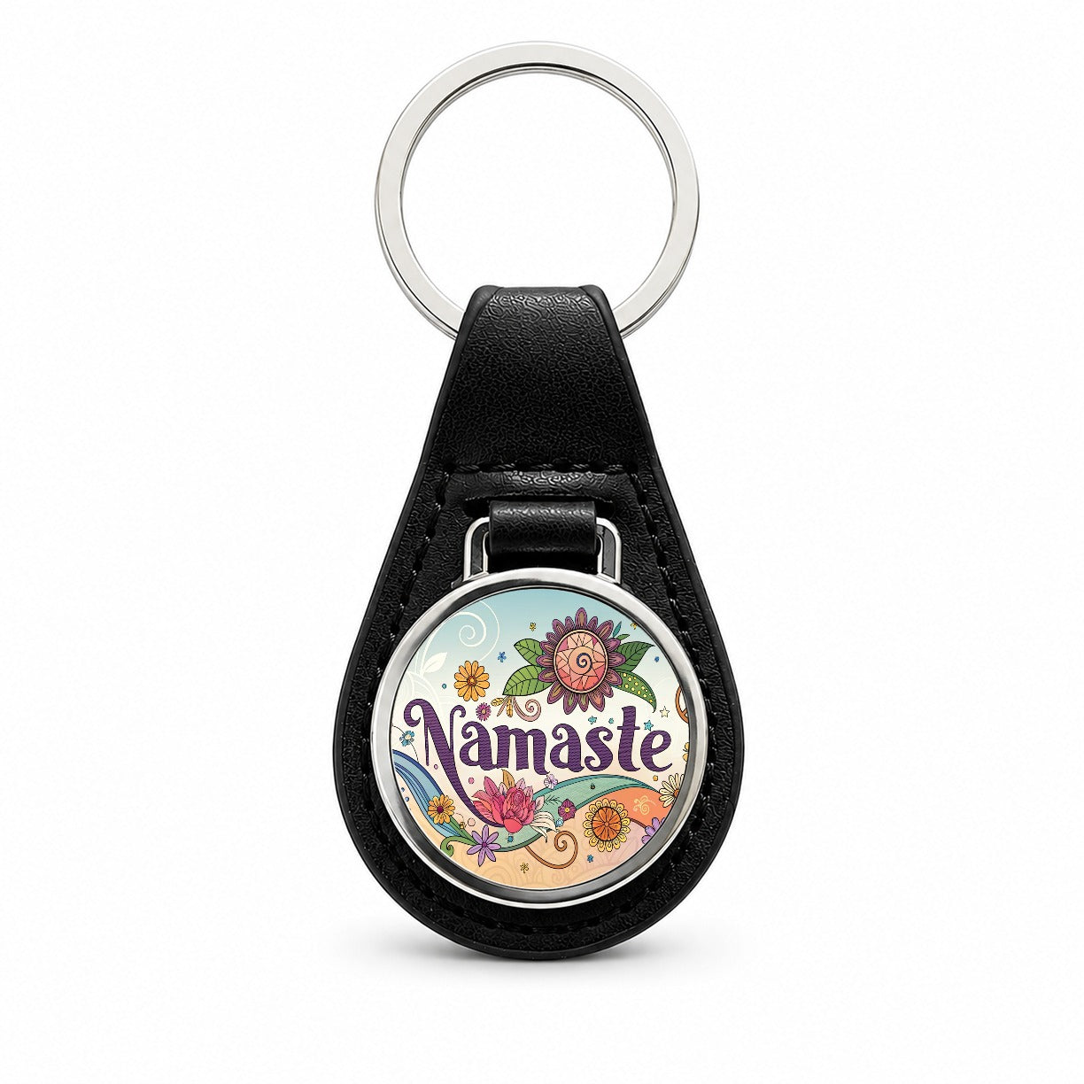 Namaste Hippie Retro Peace Flowers Black Leather Metal Keychain