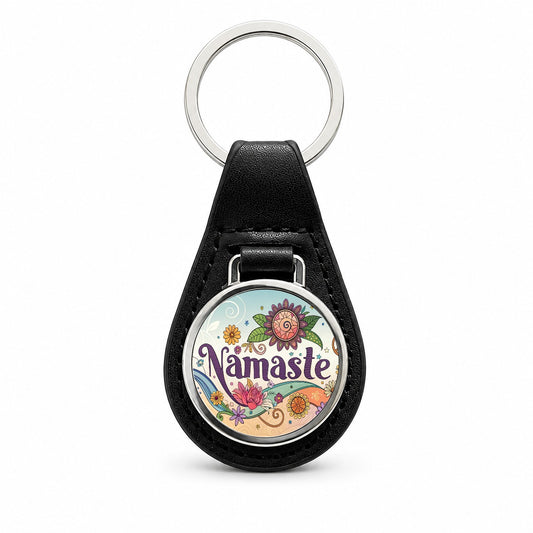 Namaste Hippie Retro Peace Flowers Black Leather Metal Keychain