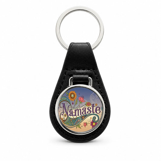 Namaste Yoga Hippie Flower Power Black Leather Metal Keychain