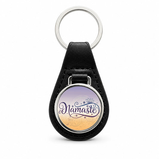 Namaste Yoga Lotus Flower Black Leather Metal Keychain