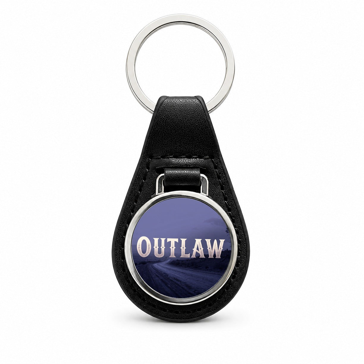 Outlaw Empty Highway Black Leather Metal Keychain