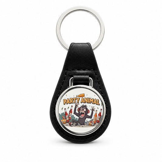 Party Animal Crazy Monkey Black Leather Metal Keychain