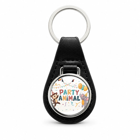 Party Animal Cute Funny Monkey Elephant Black Leather Metal Keychain