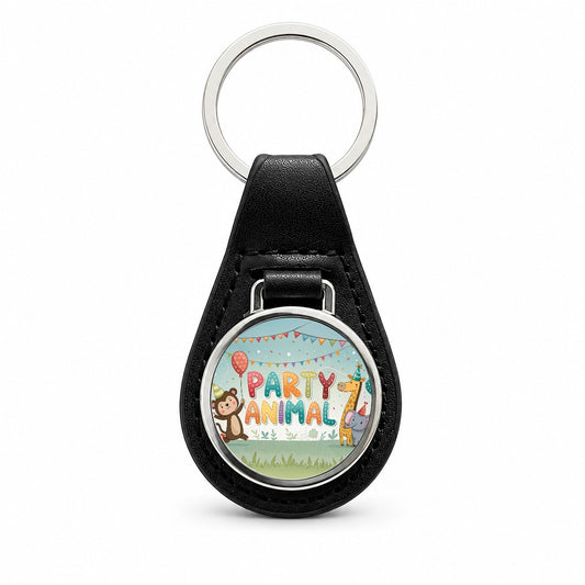 Party Animal Funny Birthday Theme Black Leather Metal Keychain
