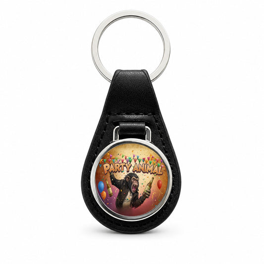 Party Animal Wild Drinking Monkey Black Leather Metal Keychain
