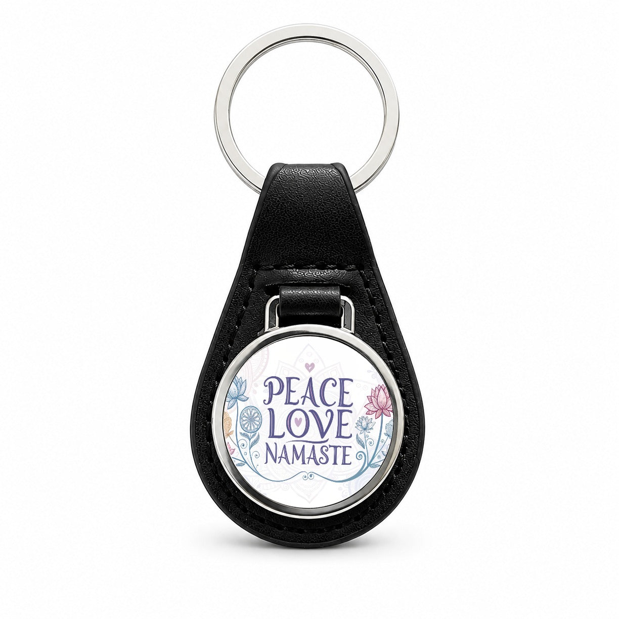 Peace Love Namaste Floral Black Leather Metal Keychain