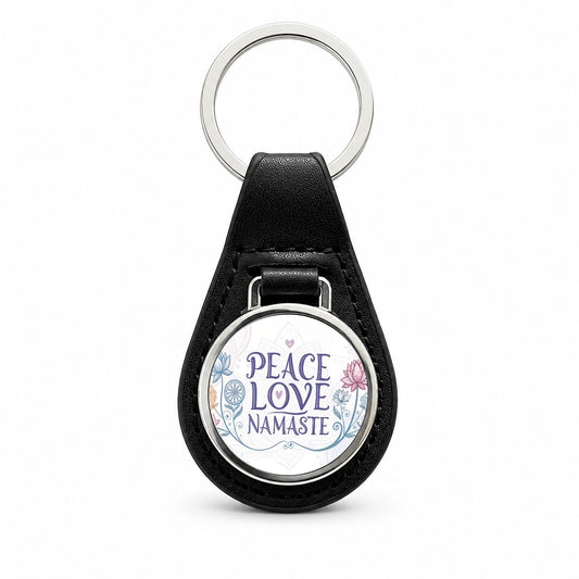 Peace Love Namaste Floral Black Leather Metal Keychain