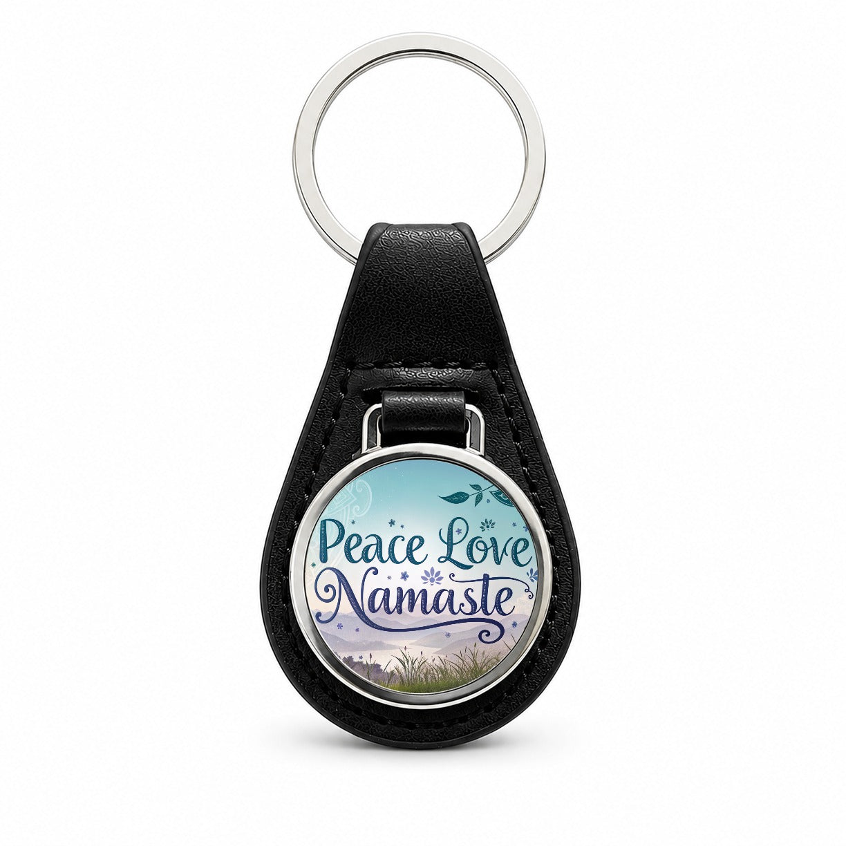 Peace Love Namaste Inspirational Black Leather Metal Keychain