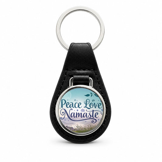 Peace Love Namaste Inspirational Black Leather Metal Keychain