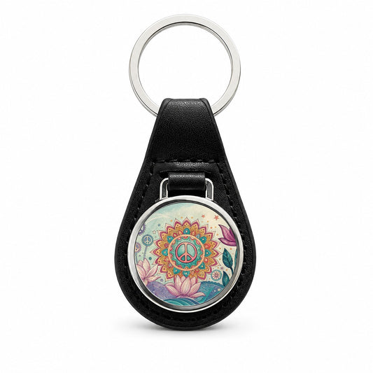 Peace Sign Symbols Mandala Flower Black Leather Metal Keychain