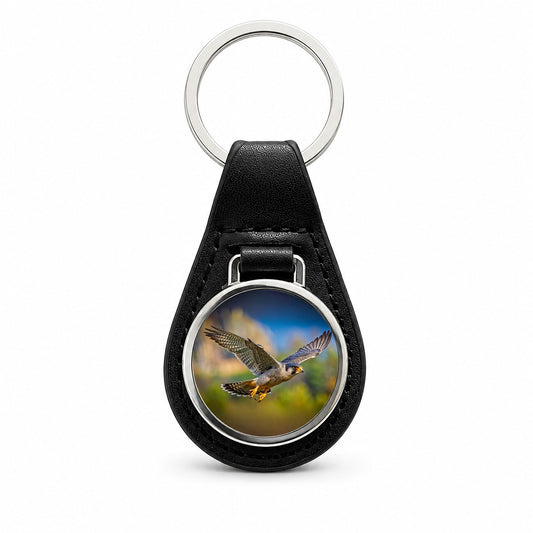 Peregrine Falcon Raptor in Flight Black Leather Metal Keychain