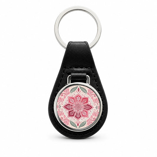 Pink Symmetrical Artistic Floral Pattern Black Leather Metal Keychain