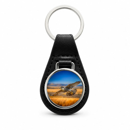 Prairie Falcon Raptor in Flight Black Leather Metal Keychain