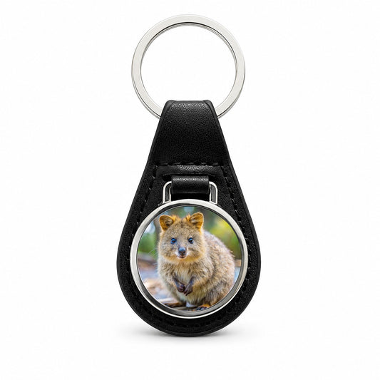 Quokka Photo Black Leather Metal Keychain