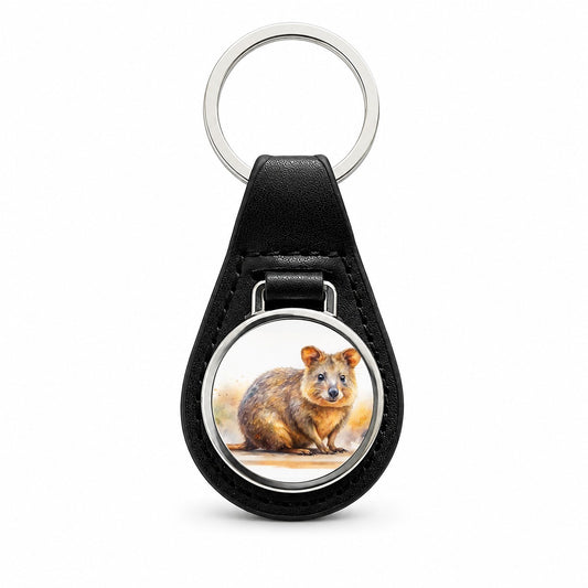 Quokka Watercolor Black Leather Metal Keychain
