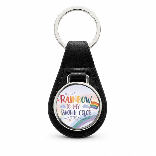 Rainbow Is My Favorite Color Gay Pride Flag Black Leather Metal Keychain