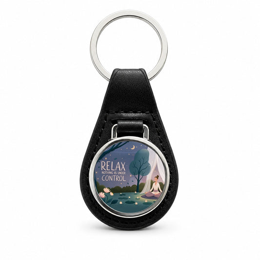 Relax Nothing Is Under Control Funny Meditation Yoga Black Leather Metal Keychain