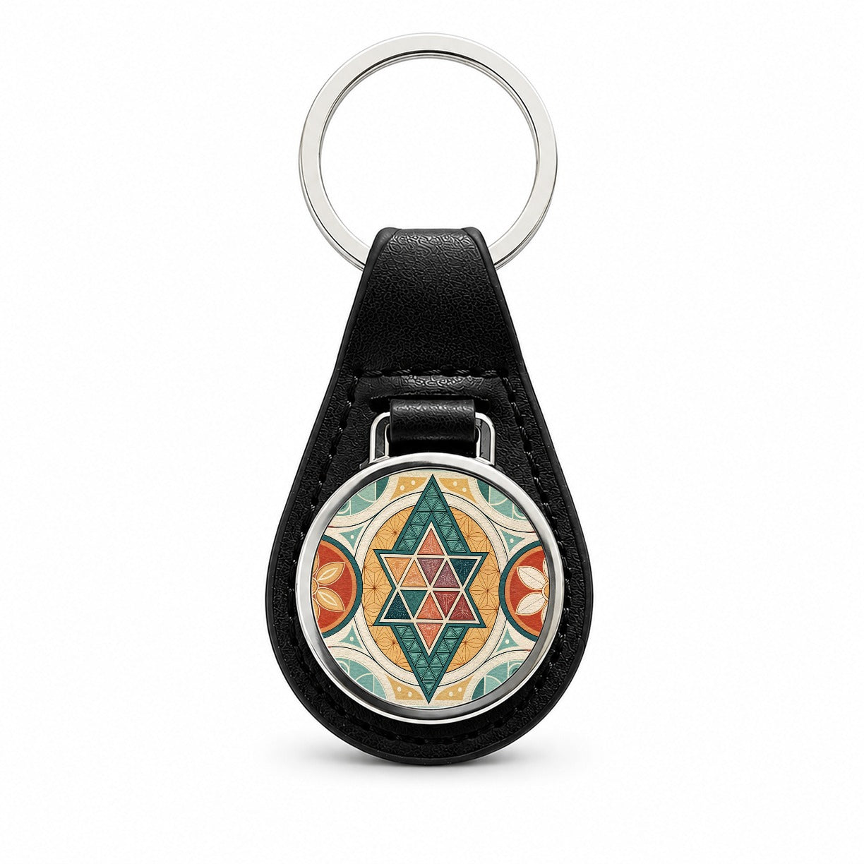 Retro Vintage Geometric Pattern Black Leather Metal Keychain
