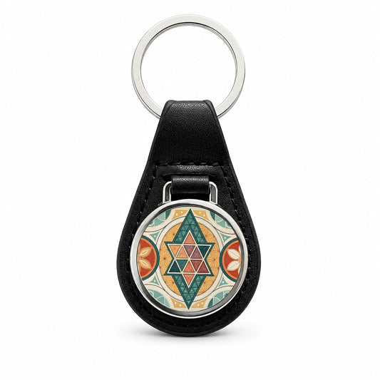Retro Vintage Geometric Pattern Black Leather Metal Keychain