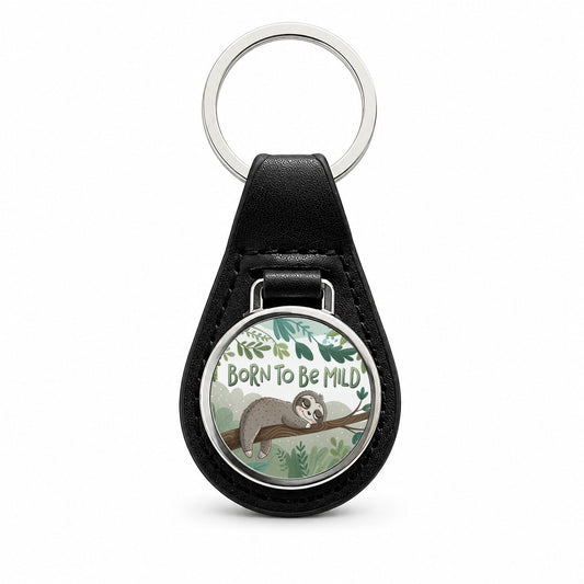 Sloth Sleeping Born To Be Mild Funny Black Leather Metal Keychain
