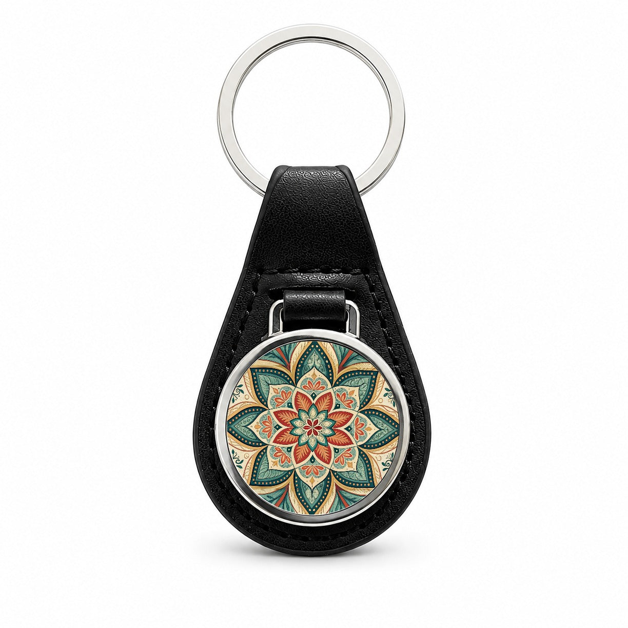 Symmetrical Artistic Flower Floral Pattern Black Leather Metal Keychain