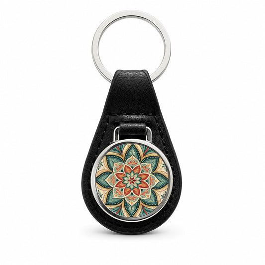 Symmetrical Artistic Flower Floral Pattern Black Leather Metal Keychain