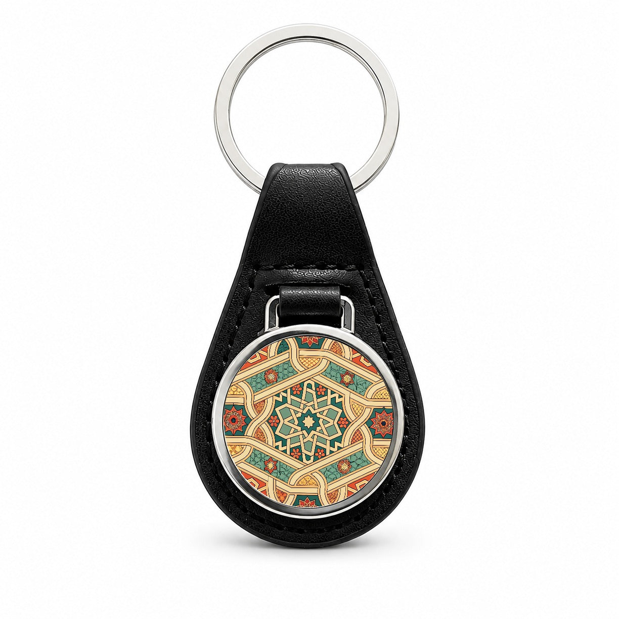 Tessellations Retro Geometric Pattern Black Leather Metal Keychain