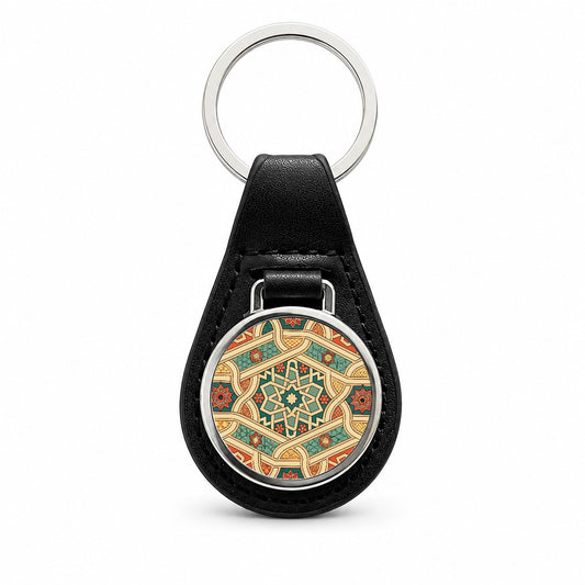 Tessellations Retro Geometric Pattern Black Leather Metal Keychain