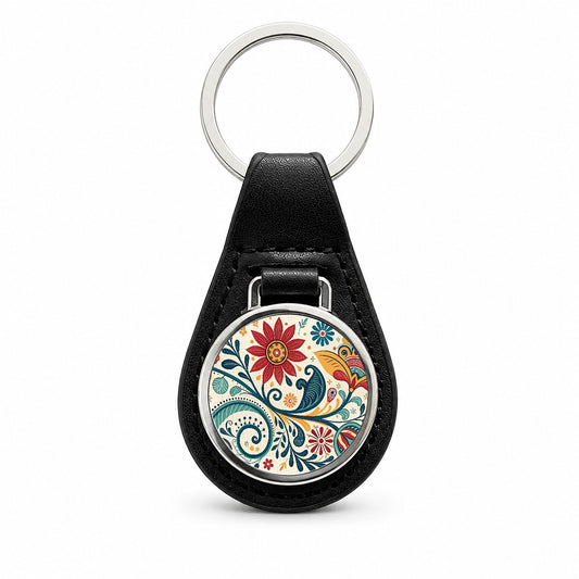 Traditional Folk Art Floral Pattern Black Leather Metal Keychain