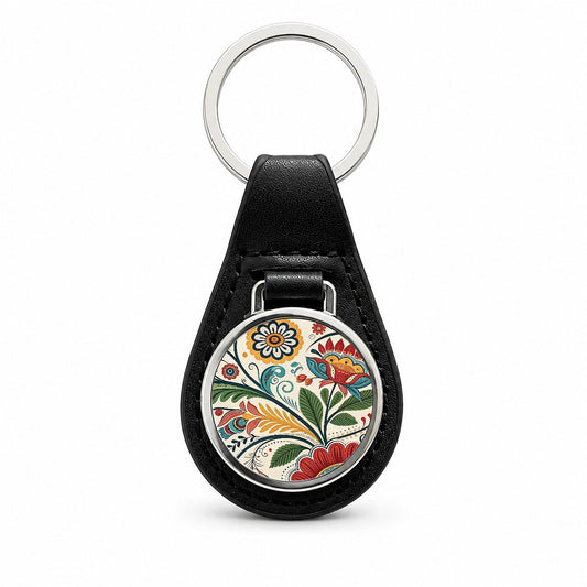 Traditional Folk Art Flowers Leaves Pattern Black Leather Metal Keychain