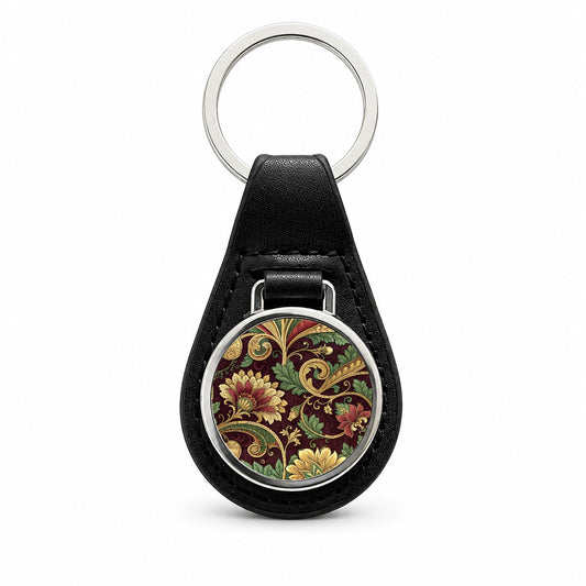 Victorian Decorative Design Pattern Black Leather Metal Keychain
