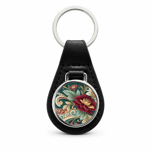 Victorian Decorative Floral Pattern Black Leather Metal Keychain
