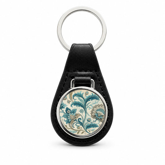 Victorian Decorative Flowers Leaves Pattern Black Leather Metal Keychain