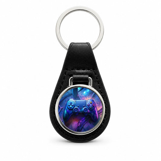 Video Game Controller Graffiti Style Black Leather Metal Keychain