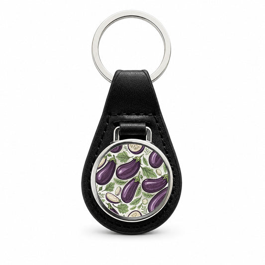 Whole Eggplants Pattern Black Leather Metal Keychain