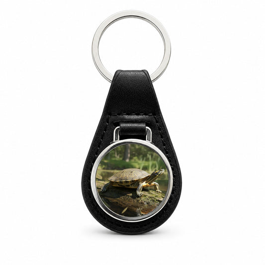 Yellow Bellied Slider Turtle Photo Black Leather Metal Keychain