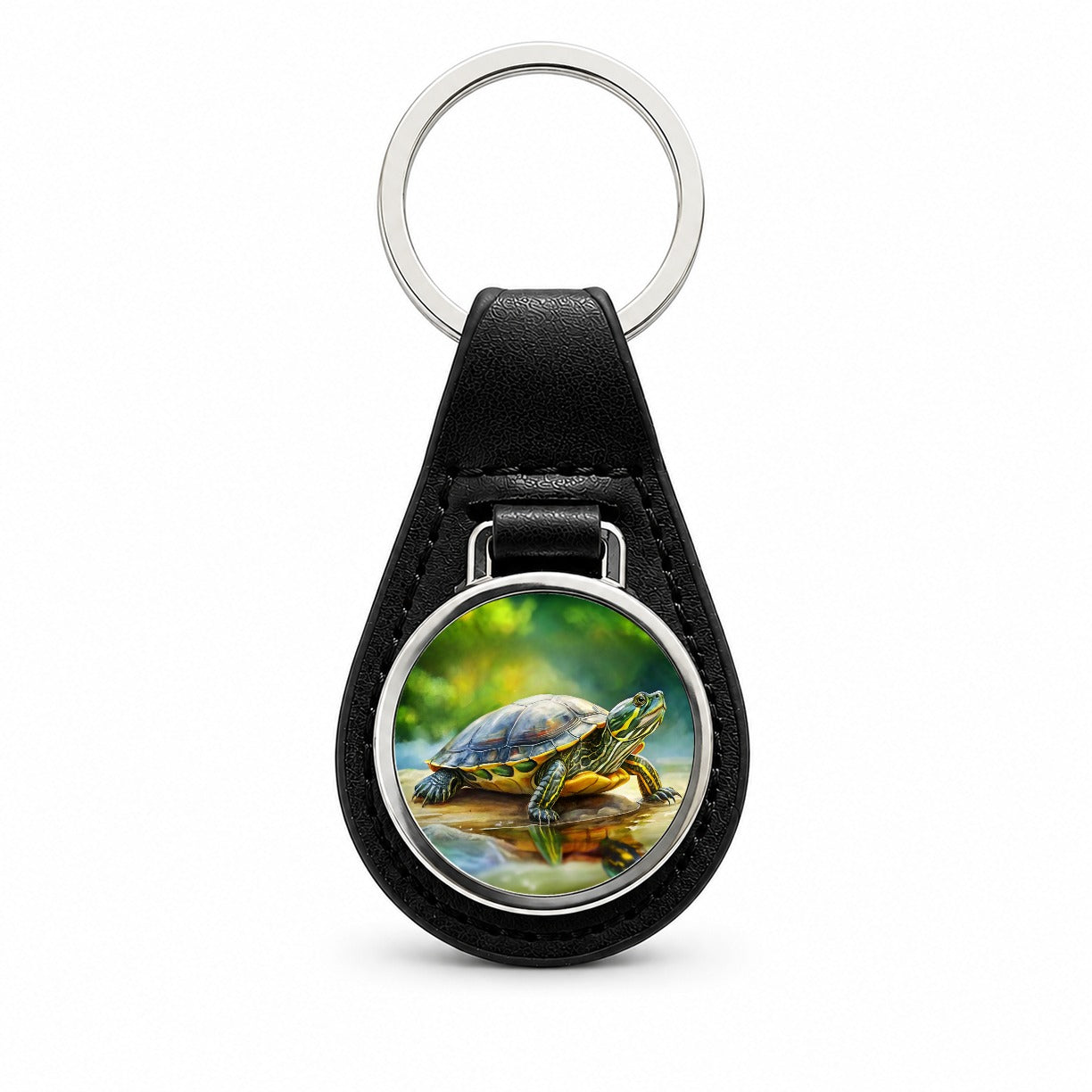 Yellow Bellied Slider Turtle Watercolor Black Leather Metal Keychain