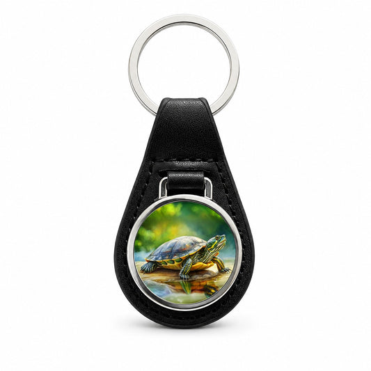 Yellow Bellied Slider Turtle Watercolor Black Leather Metal Keychain