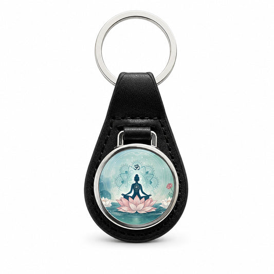 Yoga Meditation Lotus Flower Om Aum Black Leather Metal Keychain