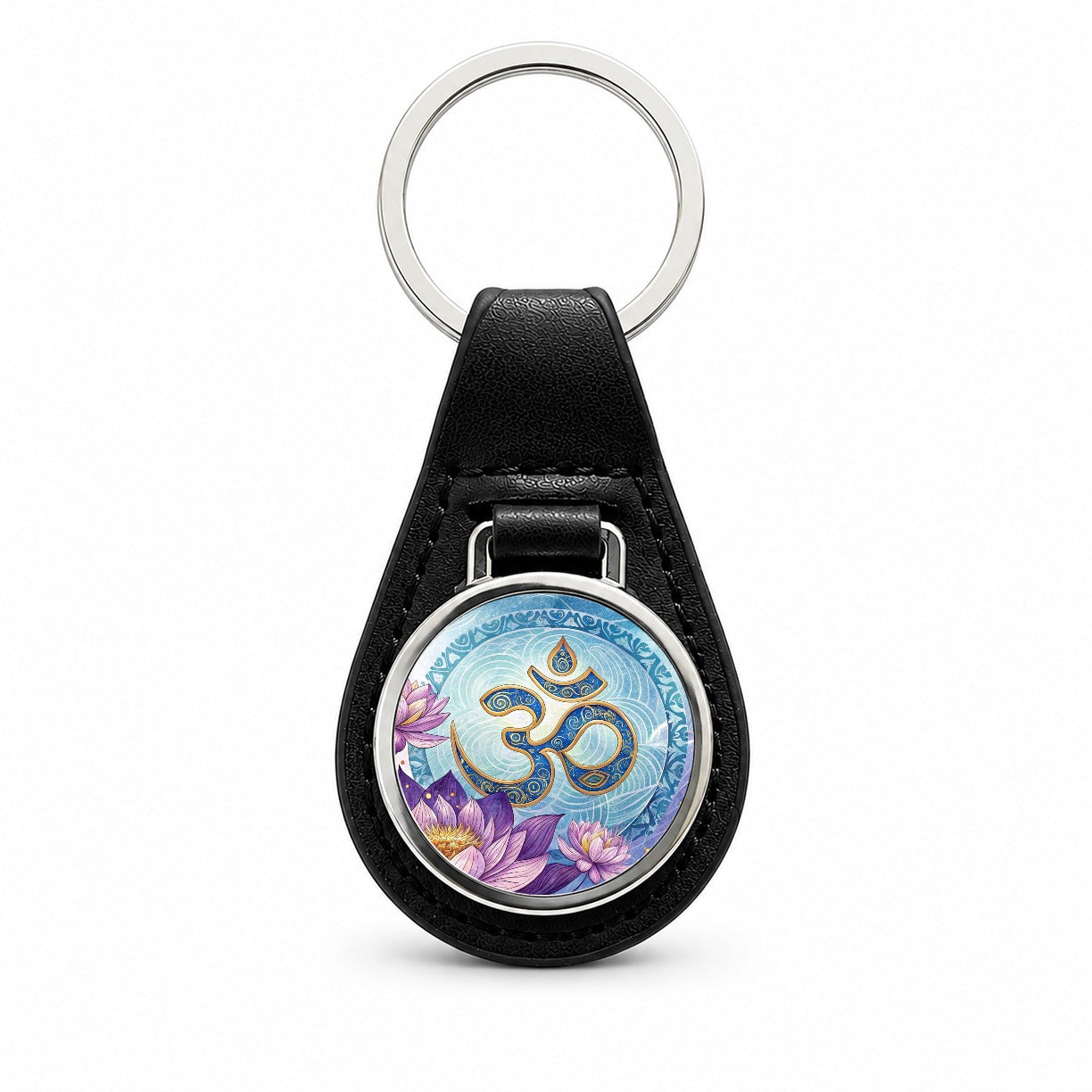 Yoga Om Aum Lotus Flower Black Leather Metal Keychain