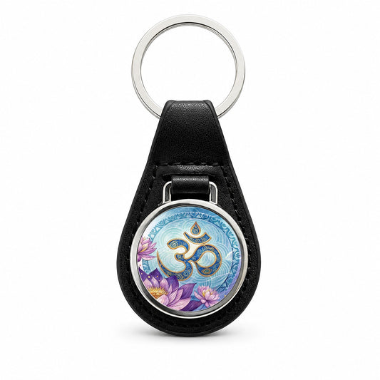 Yoga Om Aum Lotus Flower Black Leather Metal Keychain