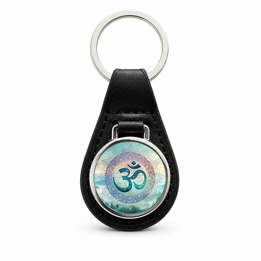 Yoga Om Aum Mandala Nature Symbol Black Leather Metal Keychain