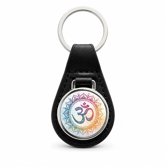 Yoga Om Aum Mandala Symbol Rainbow Black Leather Metal Keychain
